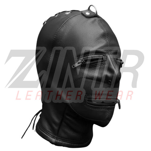 Black leather zip hood - black,