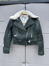 Zara Women faux leather Removable shearling Collar green biker Aviator Jacket XS