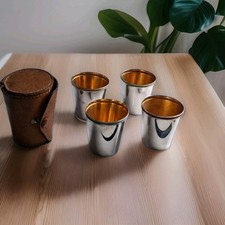 Vintage Set Of X4 Stirrup Cups Silver Plated Gilt Lined In Pigskin Leather Case