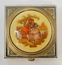 Vintage Square Cameo Style Yellow Ladies Enamel Pill Box Pocket Size Gold T Cd51