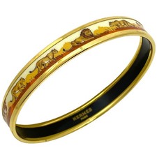 HERMES Emaille PM Bracelet Cloisonne Lion Pattern Bangle Gold Plated Gold Women