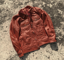 Men's Trucker Brown Real Cowhide Leather Shirt Biker Cafe Racer Jacket