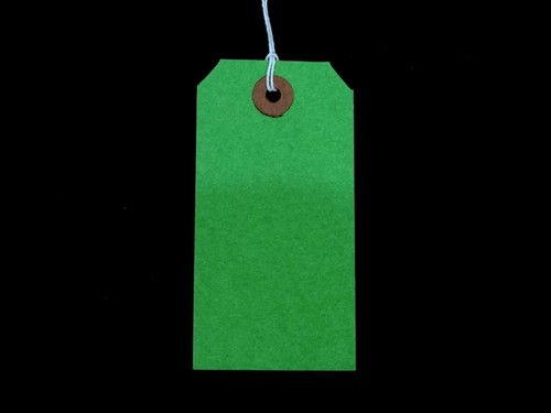 Green strung tie tags - tie,