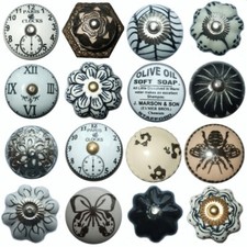 SHABBY CHIC BLACK & WHITE DOOR KNOBS CERAMIC CUPBOARD HANDLES DRAWER PULLS K1