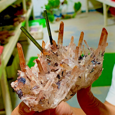 211g Natural Green tourmaline with quartz crystal cluster mineral specimen