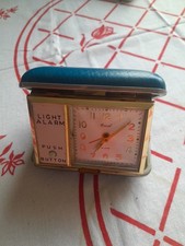 Vintage Coral Travel Clock With Working Light. Blue Case Made In Japan