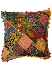 Indian Patchwork Gujarati Mandala Sari Ethnic Silk Cushion Covers Pom Poms 40cms