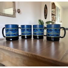 Set of 4 Vintage Yucatan by Arcoroc France Black Coffee Mugs | Southwestern Cups