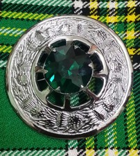 Scottish Kilt Pin Brooch Green Stone Chrome Polish 3" Ladies Sash Shawl Brooches