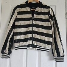 Topshop Stripe Sequin Bomber Jacket Silver Black 6 AS SEEN ON Olivia Palermo