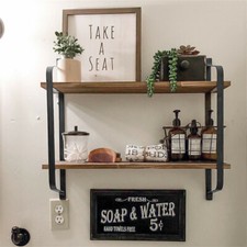 Wisfor 2 Tiers Rustic Floating Shelves Wooden Wall Mounted Shelf Display Rack