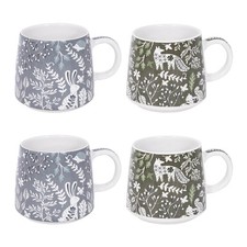 Set of 4 Woodland Stoneware Coffee Mugs Afternoon Tea Cups Home Kitchen