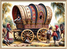 Art Print Romany Traveller Famly Children Gypsy Camp Bow Top Wagon Caravan R13