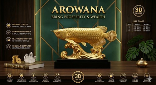 Golden arowana statue - golden, 3d