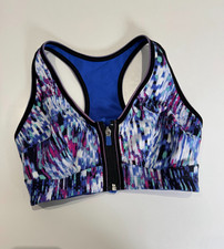 M&S Sports Bra Size 32D Blue Print Wire Free Nonpadded Front Zip Full Cup Bra