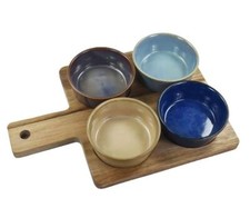 4 STONEWARE SNACK NIBBLE TAPAS BOWLS DISHES ON CONTEMPORARY WOODEN PADDLE TRAY