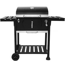 Black Charcoal Grill BBQ Trolley Wheels Two Arm Garden Smoker Shelf Side Steel 