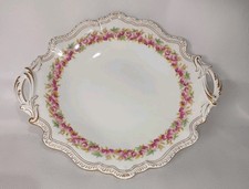 Antique Cauldon England Footed Cake Plate With Rose Pattern And Gold Accents