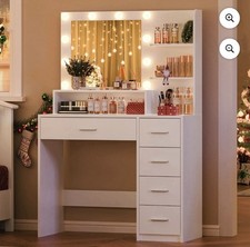 White Dressing Table w/ LED Lights Mirror Drawers Cabinet Vanity Makeup Desk Set