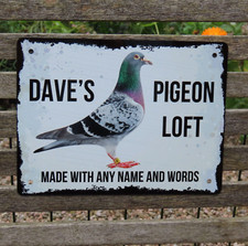 Pigeon Gift Sign, Personalised Racing Loft Plaque with Name, Metal Weatherproof