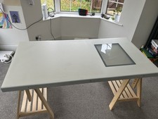 IKEA LAGKAPTEN Mittback White Trestle Table Desk, Adjustable Height, 150x75