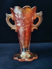 Antique Dugan Diamond Marigold Iridescent Carnival Glass Mary Ann Vase Handles 