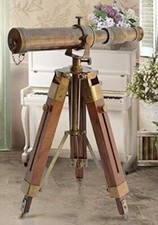 Antique Nautical Solid Brass Telescope w/ Wooden Tripod Decorative Gifts