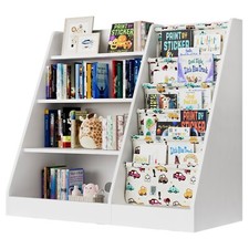 White 4-Tier Kids Wooden Bookshelf,5 Layer Sling Bookcase,Baby Storage Book Rack