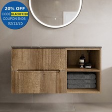 1000mm Bathroom Vanity Unit Grey Marble Countertop Wall Hung Fluted Oak Unit