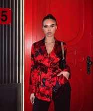 ZARA RED ORIENTAL PRINT BLOUSE WITH BELT SIZE L