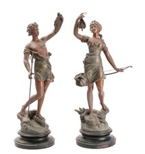 Pair Of Late 1900's French Spelter Figure After Guilleini La Peche & La Chasse
