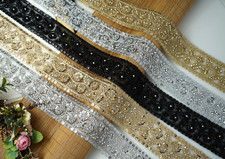 FCL Indian Lace Trim Rhinestone Diamonte Bridal Saree Edging Metallic colour sew