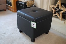 Black Genuine Full Leather Storage Footstool Pouffe NEW
