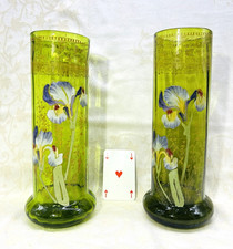 LEGRAS 2 Enamelled Glass Vase Enamel Flowers Iris Art Nouveau Jugendstil 19EME C