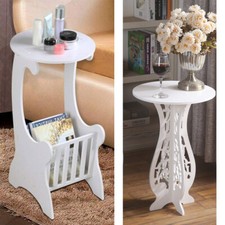 Round Bedside Table White Coffee Table with Magazine Rack | Small Side End Table