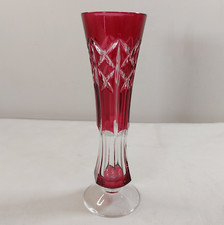 Val St Lambert Footed Vase Cut to Clear Signed Crystal Ruby Red Cranberry 23 cm
