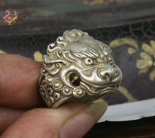 Old Chinese Miao Silver Qilin Beast Kylin Head Beast Jewellery Hand Ring 2.5CM