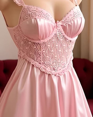Pink silky satin - pink, lace