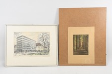 C23T29 - 2x prints including etching fir forest signed W. Schmidt