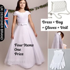 Holy Communion Dress Girls Full Length Optional Matching Outfit Veil Gloves Bag