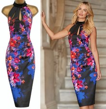 KAREN MILLEN ❤ STUNNING MIDNIGHT ORIENTAL FLORAL HALTER PENCIL DRESS ❤ UK 14