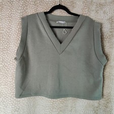 Zara Womens Sweater Vest Sage Green Size Large Contrast Trim Cotton V Neck NWOTS