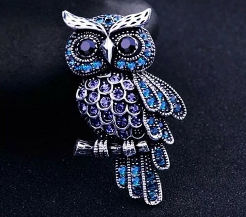 Owl brooch blue crystal - blue,