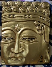 Hand Carved Buddha Face Plaque Wall Art - Gold Wood Relief 11.5"x 16 " inch