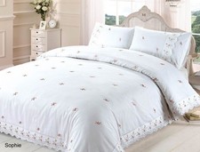 EMBROIDERED SHABBY CHIC DUVET QUILT COVER LACE TRIM BEDDING SET KING WHITE NEW
