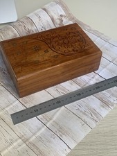 Vintage Jewelry & Card Box Hand Carved Wooden Hinged Tramp Art Style Metal Inlay