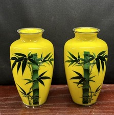 Japanese cloisonne Antique Vase Pair Ando Bamboo On Yellow 7" Heavy
