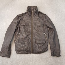 Superdry Mens Jacket Large Brown Leather Ryan Brad Biker Coat Moto Cafe Racer