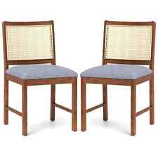 COSTWAY Rattan Dining Chair Set of 2 Wooden Upholstered Kitchen Chairs-Brown