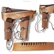 `COWBOY REVOLVER LEATHER GUN HOLSTER BELT BROWN WESTERN Double Gun Holster New